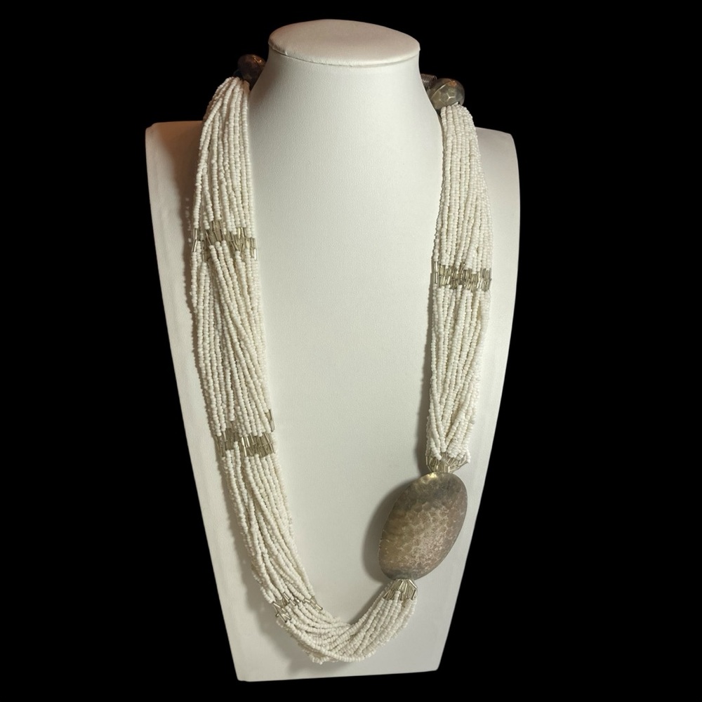 Vintage Multi Strand White Seed Bead Necklace Hammered Silver Pendant Boho